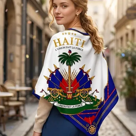 Scarf Shawl Wrap with Haiti Coat of Arms, Palm Tree, Cannon, Flags, Golden Chain Border & L'UNION FAIT LA FORCE Motif - Statement Piece for Outfit Styling or Wall Decor