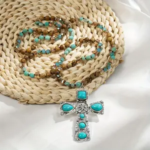 Boho-Chic Turquoise Cross Necklace with Multicolor Natural Stones - Vintage Ethnic Style, Perfect for Daily Wear & Gifting Handmade Fashion Accessory Trendy Jewelry