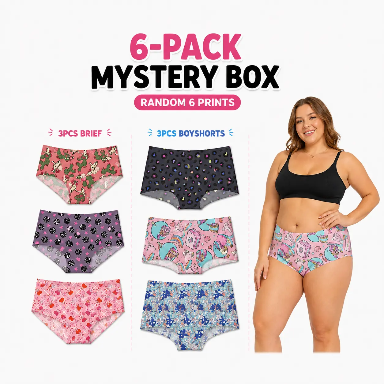 6-Pcs Blind Box Women's Seamless Underwear(includes 3 pairs of briefs and 3 pairs of boy-shorts); features a seamless printed design and soft, stretchy fabric for everyday wear; available in sizes XS–4XL.