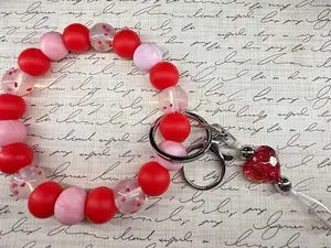 Pink and Red Heart with Dangle Valentine Silicone Beaded Wristlet Keychain Gift for Wife, Girlfriend