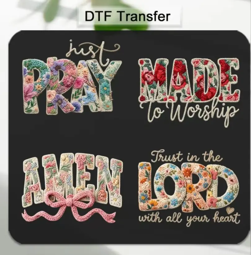 Christian-Themed DTF Transfer Stickers 4PCS/SET AMEN MADE PRAY LORD Washable Durable Iron-On Transfers for T-Shirts Bags Fabric Decor
