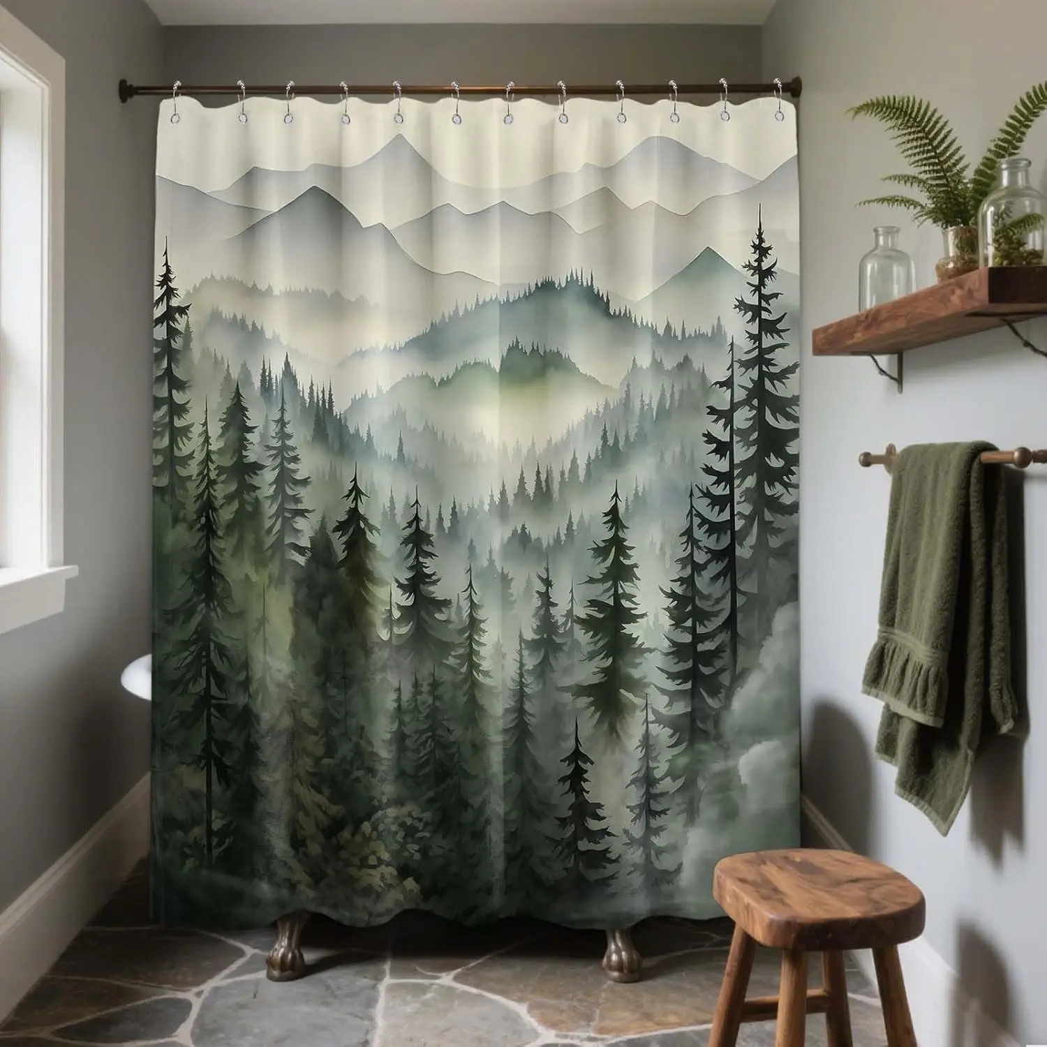 Green Forest Pattern Shower Curtain - Rustic Woodland Pine Tree Bath Decor, Waterproof Polyester Fabric with Metal Grommets & Hanging Hooks, 70.8x70.8in, 1/4 Pcs Option, Seat Cover Compatible Bathroom Accessory, Print