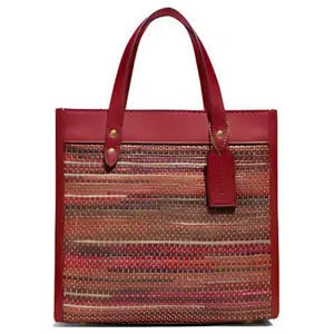 COACH Field 22 Adjustable Strap Tote Bag for Women – Fabric and Leather Blend, Crossbody or Shoulder Carry, Brick Red