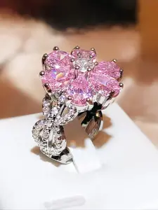 Hot-Selling Light Luxury Pink Heart Zircon Ring for Women, Elegant Ring, Sweet Sparkling Pink Diamond Floral Finger Jewelry Fashion Accessory, Teardrop Bridal Rings