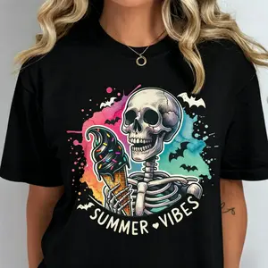 Summerween Skull Tees Summer Vibes Watercolor Ice Cream Skull Tshirt  I'm Freakin Melting Skull Tee Living the Dream Skeleton Tshirt Beach Skull T-Shirt Summer Rocker Tees Just Waiting for Aalloween Tees