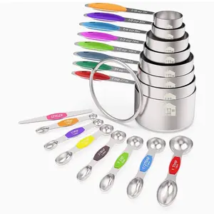 Measuring Cups and Magnetic Measuring Spoons Set, Wildone Stainless Steel 16 Piece Set, 8 Measuring Cups & 7 Double Sided Stackable Magnetic Measuring Spoons & 1 Leveler