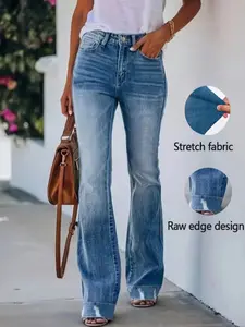 Women's Denim Long Pants, Slim Fit Flare Design, light blue flared jeans,Turn-Up Hem Detail, Perfect for Spring Summer Fall, Fashion Casual Versatile