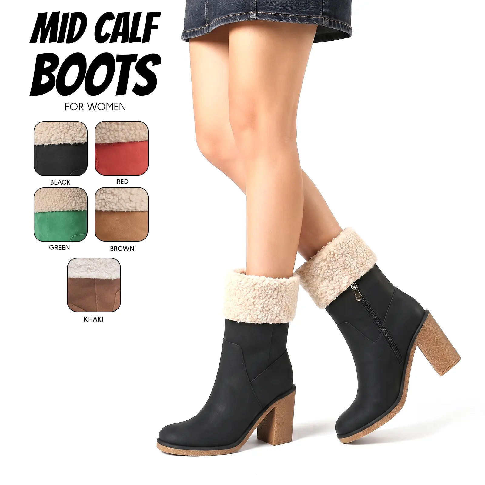 Mid Calf Boots For Womens Fur Boot Round Toe Chunky Block High Heel Booties Soft Comfortable Slip On Outdoor Casual Fashion Cute Boots