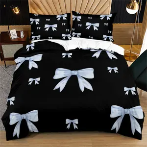 Soft and durable bedding quilt cover set, Decorative bedding set, with black background and blue bowknot print pattern, including 1 quilt cover and 1 or 2 pillowcases, excluding quilt and pillow filling, suitable for children, modern style bedroom