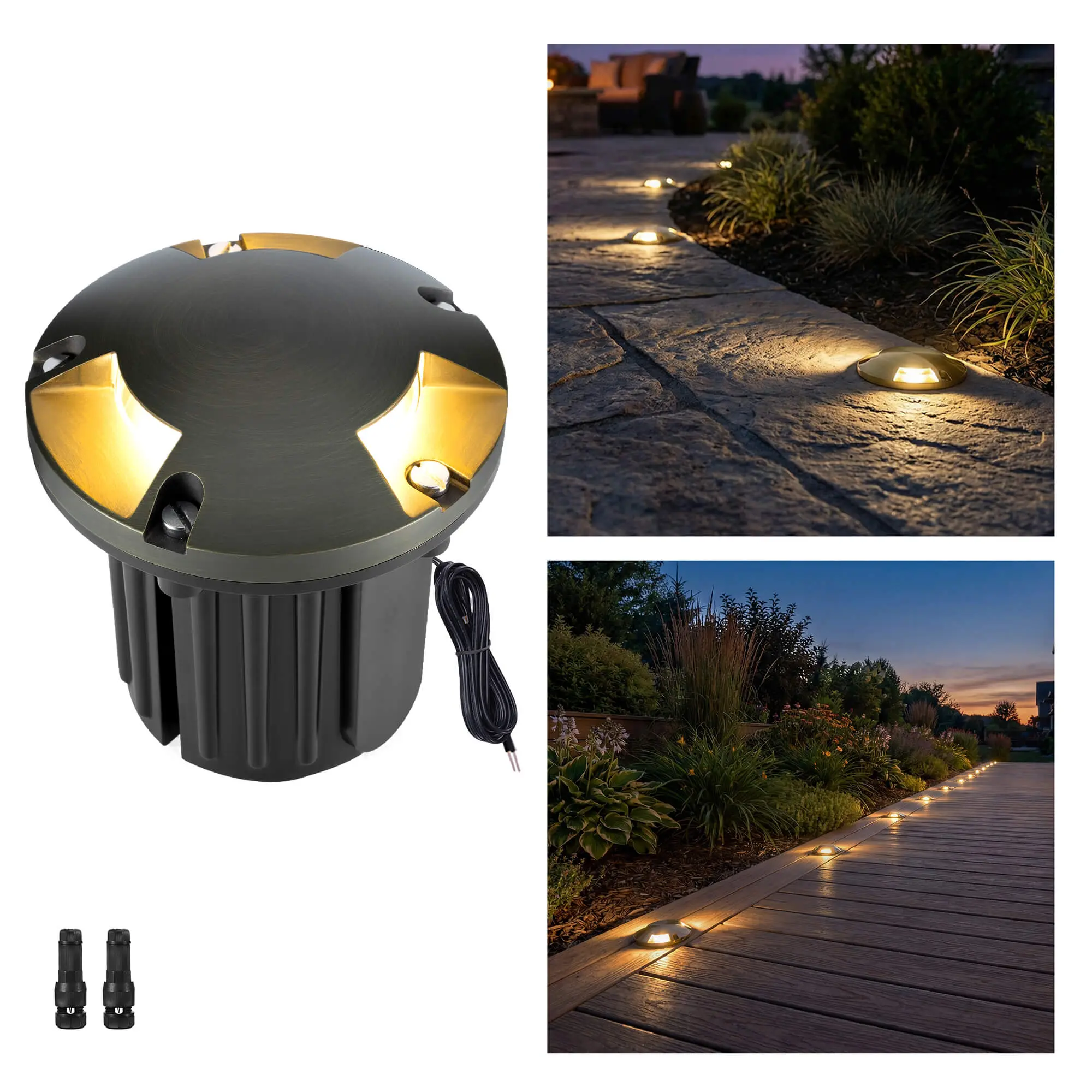 Gardenreet Brass In-ground Well Lights, Low Voltage IP65 Waterproof 12V LED Outdoor Landscape Lighting(Three-Direction Turret 2204C)