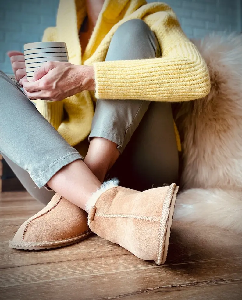 Follkee Sheepskin Slippers Wool House Shoes Slippers Women Slippers Men Leather Slippers