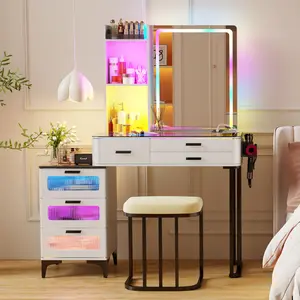 Miu Vanity Set with 24-Color RGB Lights, Wireless Charging, HD Mirror, 6-Drawer Chest & Big Storage Furniture Organizing - Modern