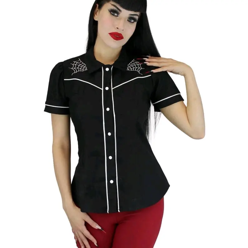 Spiderwebs and Spider Black Western Rockabilly Women Top / Halloween Blouse XS-3XL