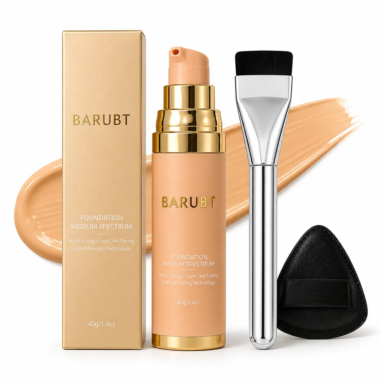 BARUBT Color Changing Foundation for Medium Skin Tone, Starts White & Blends to Medium, Hydrating Lightweight Face Makeup, Natural-Looking Light Coverage, 40g, Brush & Puff Set Options
