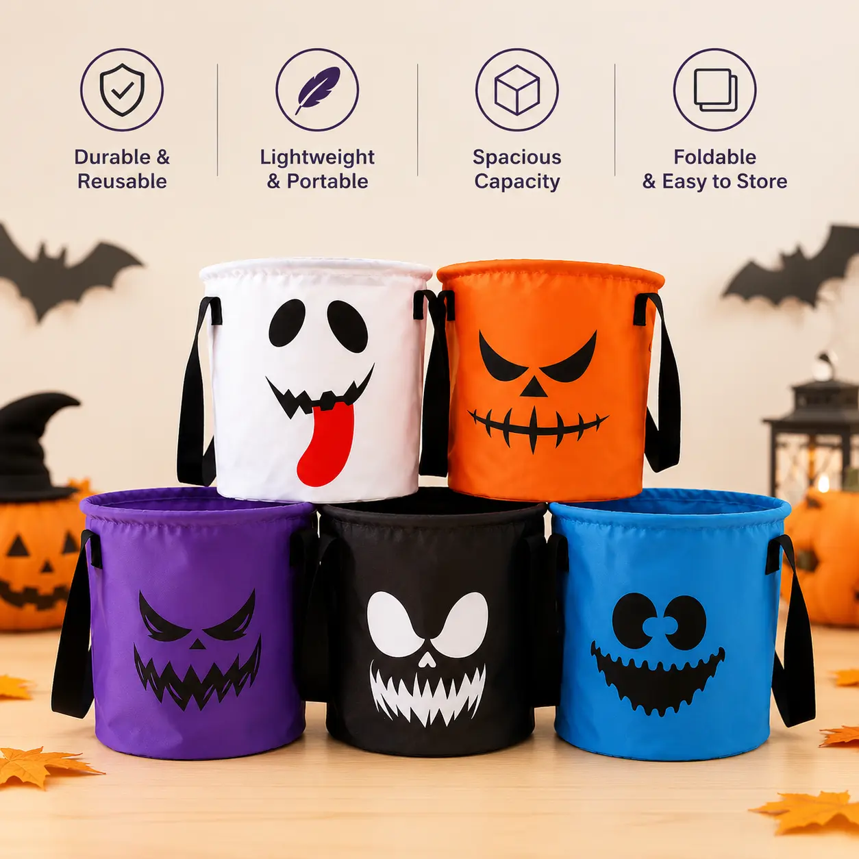 1 Count, Orange Halloween Trick or Treat Bucket with Printed Spooky Face and Carry Strap, for Halloween Candy Collection and Themed Party Use