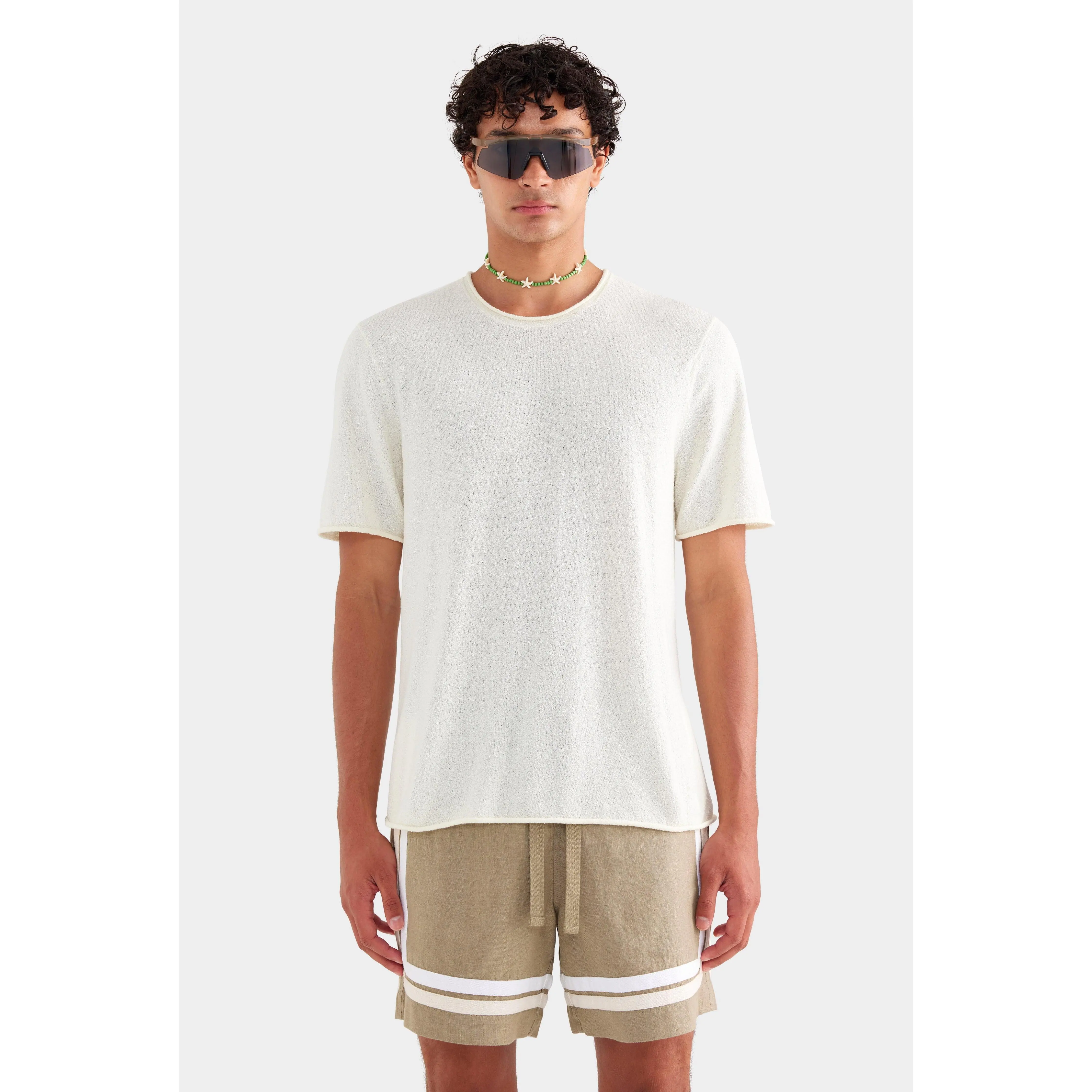 Boucle Knit Rolled Edge T Shirt - Cream