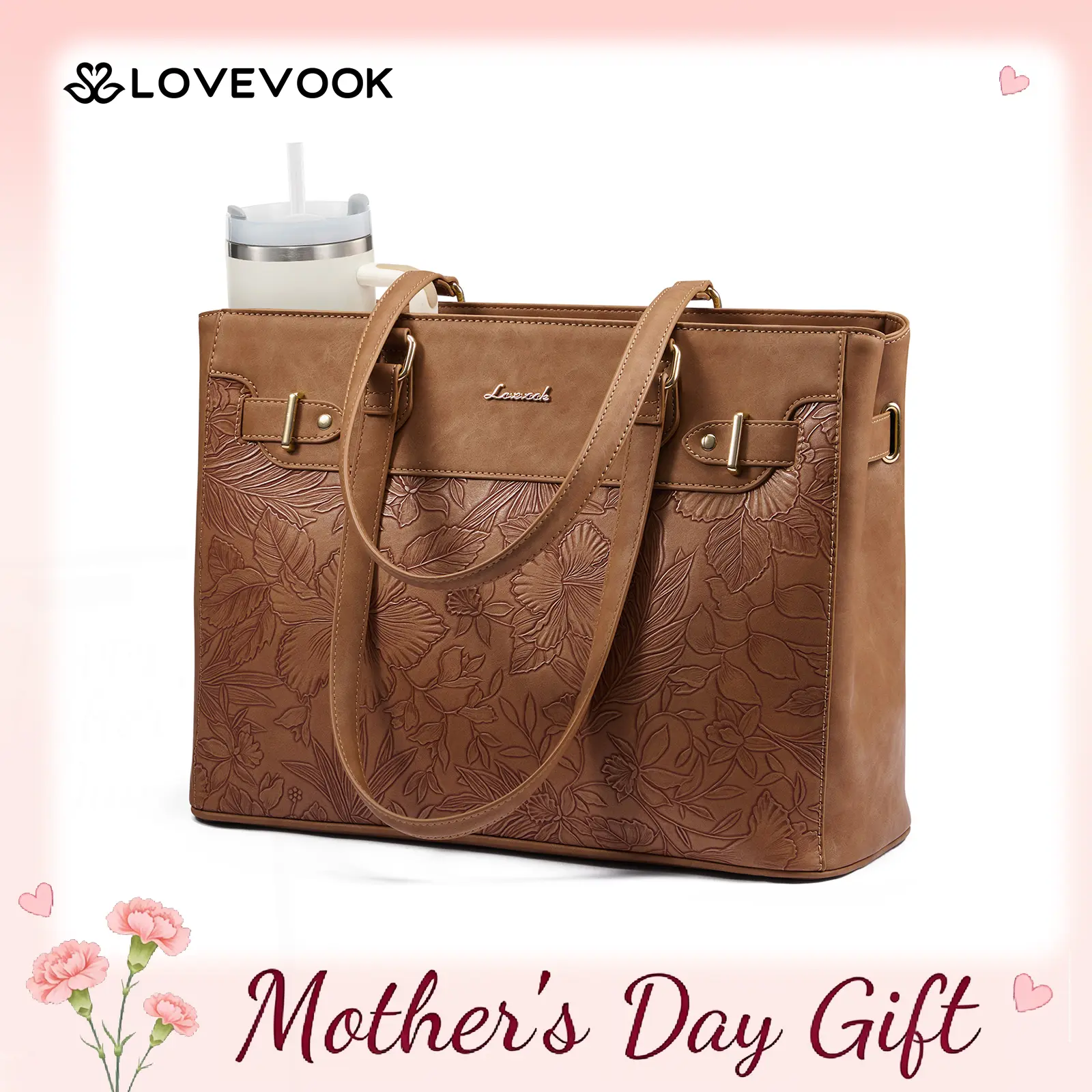 LOVEVOOK Laptop Tote Bag for Women, Fashion Work Teacher Tote Bag with Large Cup Holder, 15.6 Inch Waterproof Vegan Leather Computer Bag