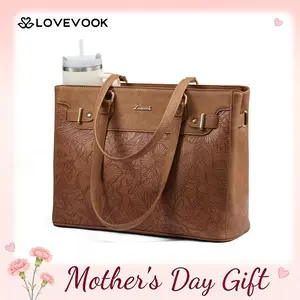 LOVEVOOK Laptop Tote Bag for Women, Fashion Work Teacher Tote Bag with Large Cup Holder, 15.6 Inch Waterproof Vegan Leather Computer Bag
