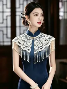 Lace Pearl Fringe Cloud Shoulder, Vintage Hollow Out Hook Flower Shawl, Elegant Detachable False Collar Shoulder Accessory
