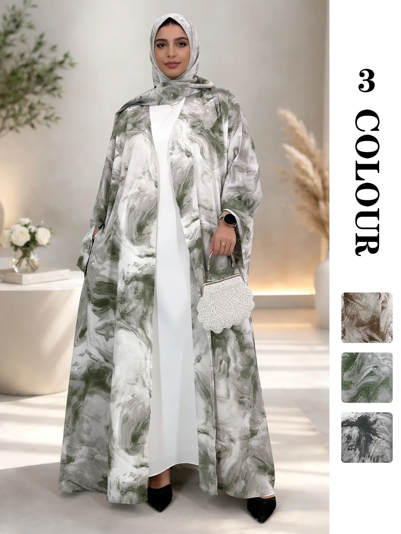 [Includes Hijab] Women's Muslim Maxi Artistic Ink Print Batwing Sleeve Long Robe Coat Kaftan Set, Loose-Fitting Casual Vacation Style Outerwear with Pockets, All Season Wear