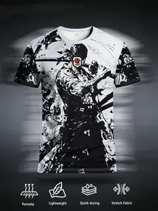 Japanese New Men's Football Sports Shirt & Youth Round Neck Comfortable Sport T-Shirt, Samurai Pattern Print, Casual Fit, Stylish Jersey