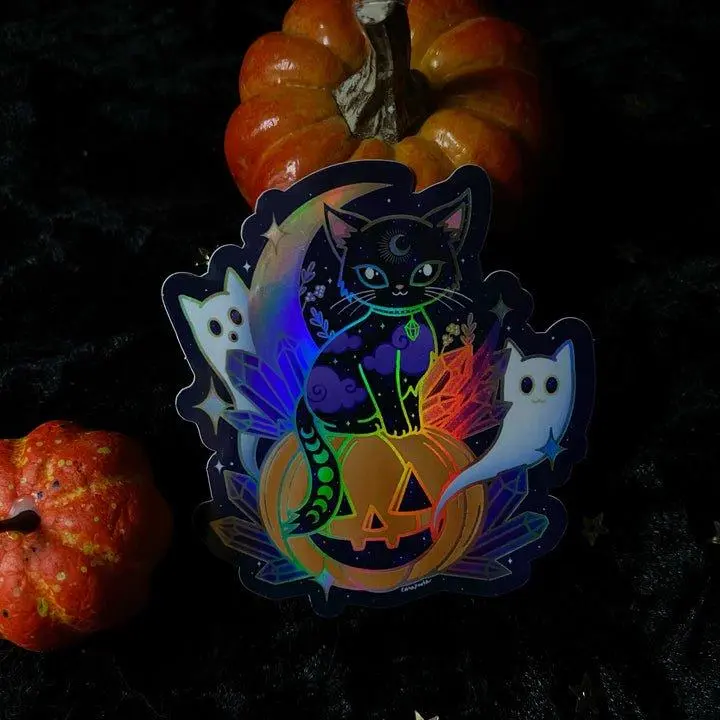 Crystal Halloween Cat Holographic Sticker by Moonstruck Crystals