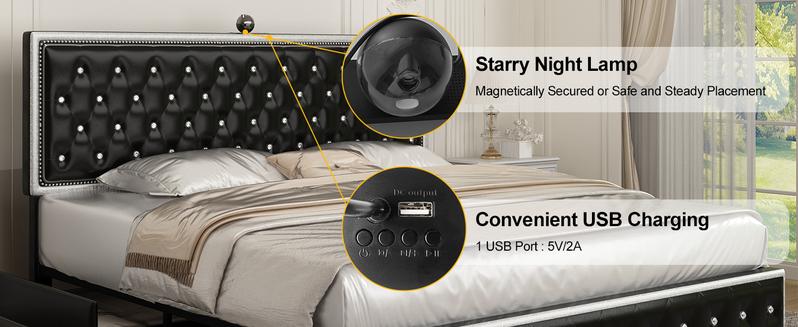 GEGOFORU Queen LED Galaxy Bed Frame with Projector, Bluetooth Speakers & USB Charging, RGB Lighting, White Velvet Upholstered Platform Bed, No Box Spring Needed