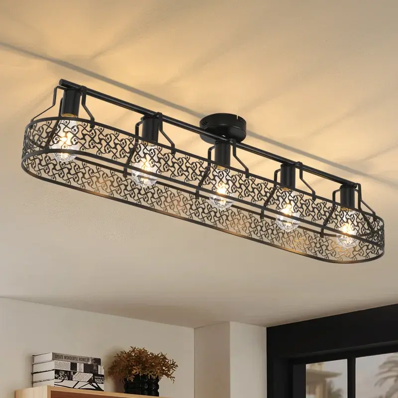 Garwarm 5-Light Black Hollow Iron Farmhouse Flush Mount Ceiling Light Fixture - Industrial E26/E27 Base Dimmable 110v-240v Chandelier Ceiling Bulb Lamp for Kitchen, Living Room