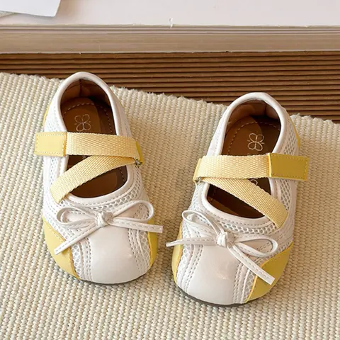 Infant Toddler Breathable Mesh Bow Shoes, Slip-On Velcro, Non-Slip Soft Sole, Round Toe, Casual Style, Ideal for Daily Wear