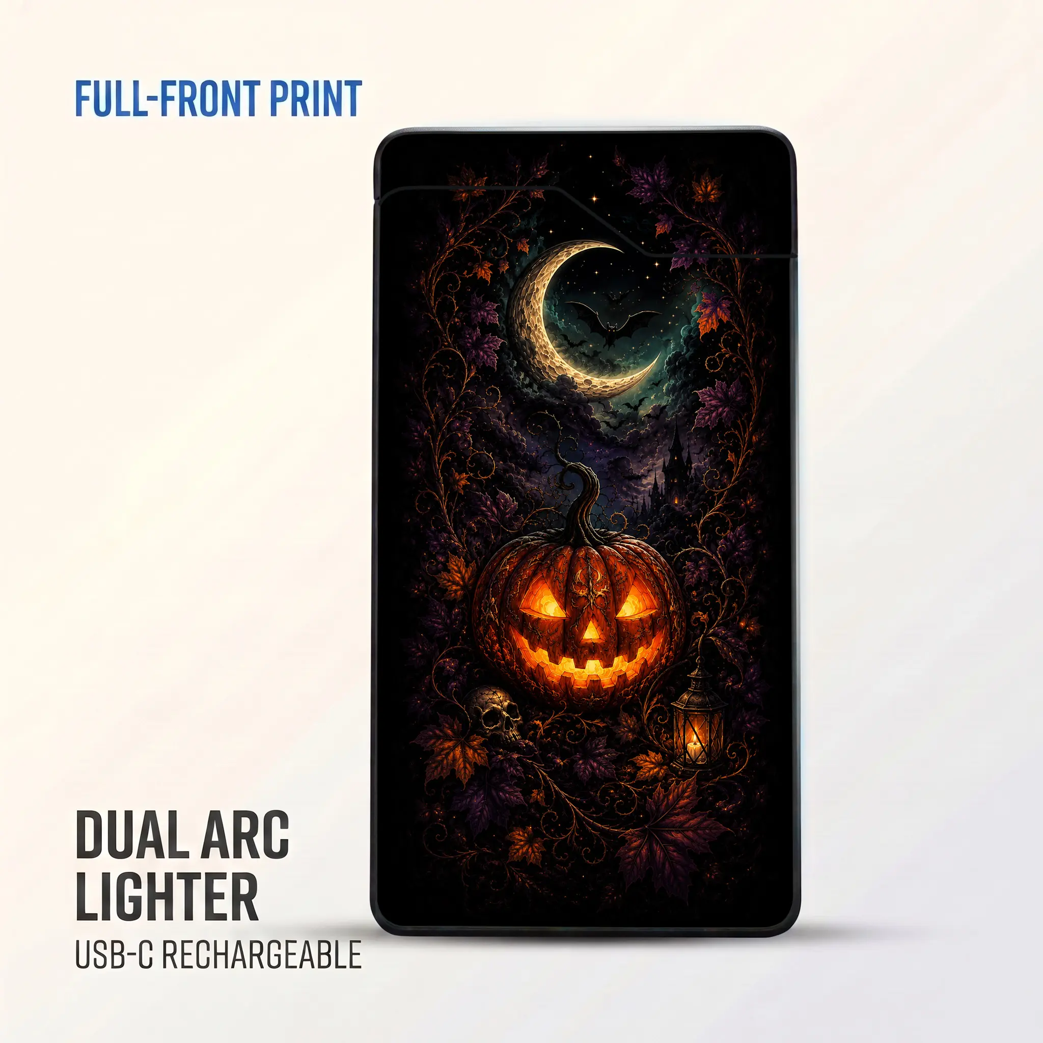 1pc Windproof Flameless Dual Arc Electric Lighter, Moon Bats Jack-o'-Lantern Skull Halloween Art, Type-C Rechargeable Plasma Arc Lighter, Metal Casing, Battery Level Display, Flip-Top Ignition, Gift Box, Spooky Unisex Halloween Party Gift,Powered,o,,taper