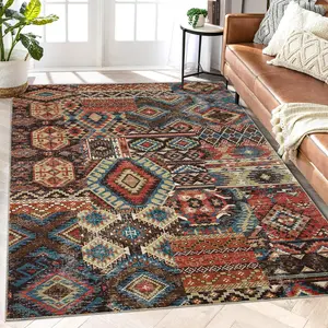 Washable Vintage Patchwork Rug Non Slip Stain Resistant Rug Rustic Tribal Low Pile Floor Cover for Living Room Dining Room Bedroom