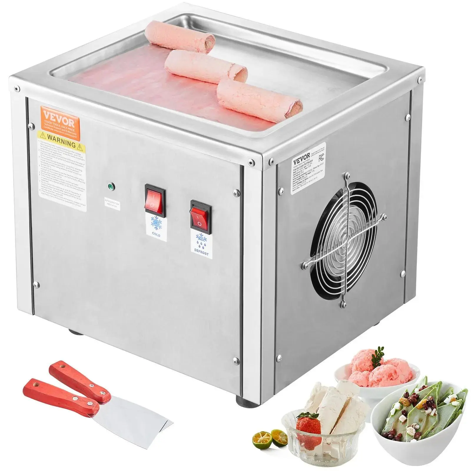 【Backtoschool】VEVOR Fried Ice Cream Roll Machine,  11" x 9.5" Stir-Fried Ice Cream Pan, Stainless Steel Rolled Ice Cream Maker with Compressor and 2 Scrapers, for Making Ice Cream, Frozen Yogurt, Ice Cream Rolls
