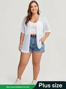 【Plus Size】 Solid Color Hollow Out Open Front Cardigan, Casual Short Sleeve Knitwear for Spring & Summer, Women's Clothes for Daily Wear, Tops