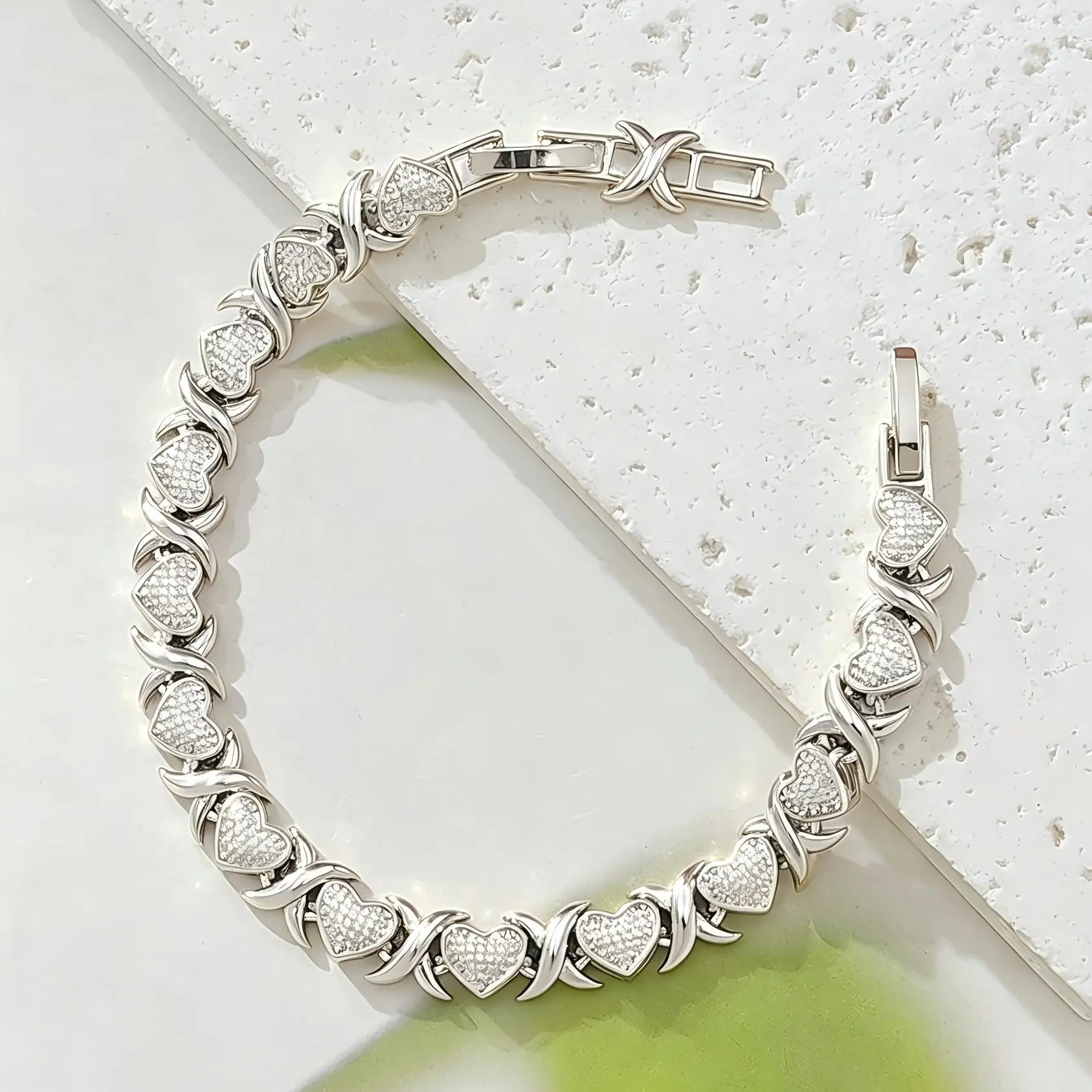 Stackable Heart Motif X Link Bracelet for Women, Silver Plated All Over CZ Jewelry, Tarnish Resistant Valentine's Day Gift, Bracelets, Non Tarnish Jewelry