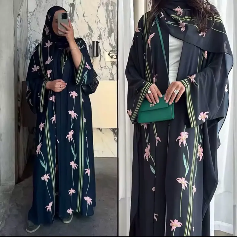 Women's Embroidered Floral Print Abaya Set With Matching Hijab