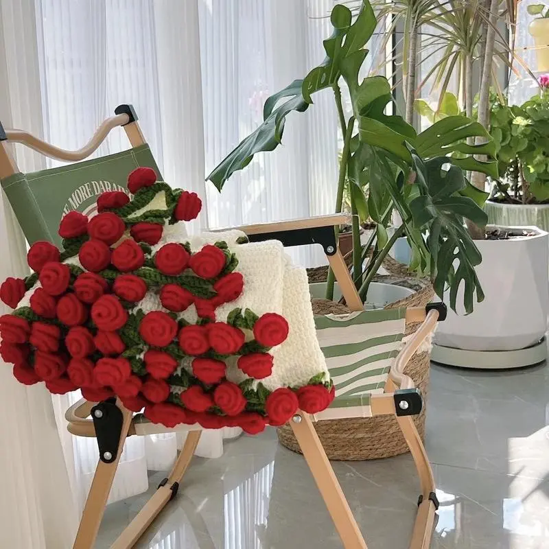 Handmade Flower Blanket Bouquet - Crochet Yarn, Knit Crochet Bouquet Style Blanket, Soft Rose Throw, Ideal Mother's Day & Birthday Gift for Moms, Bouquet Style Blankets