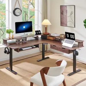 REDLEMON 60" L-shaped gaming desk with power outlets, monitor stand, and 2 drawers — home office desk, storage writing workstation