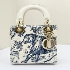 Pre-owned Dior Calfskin Crossbody Bags LadyDior Mini White/Blue LNL0407