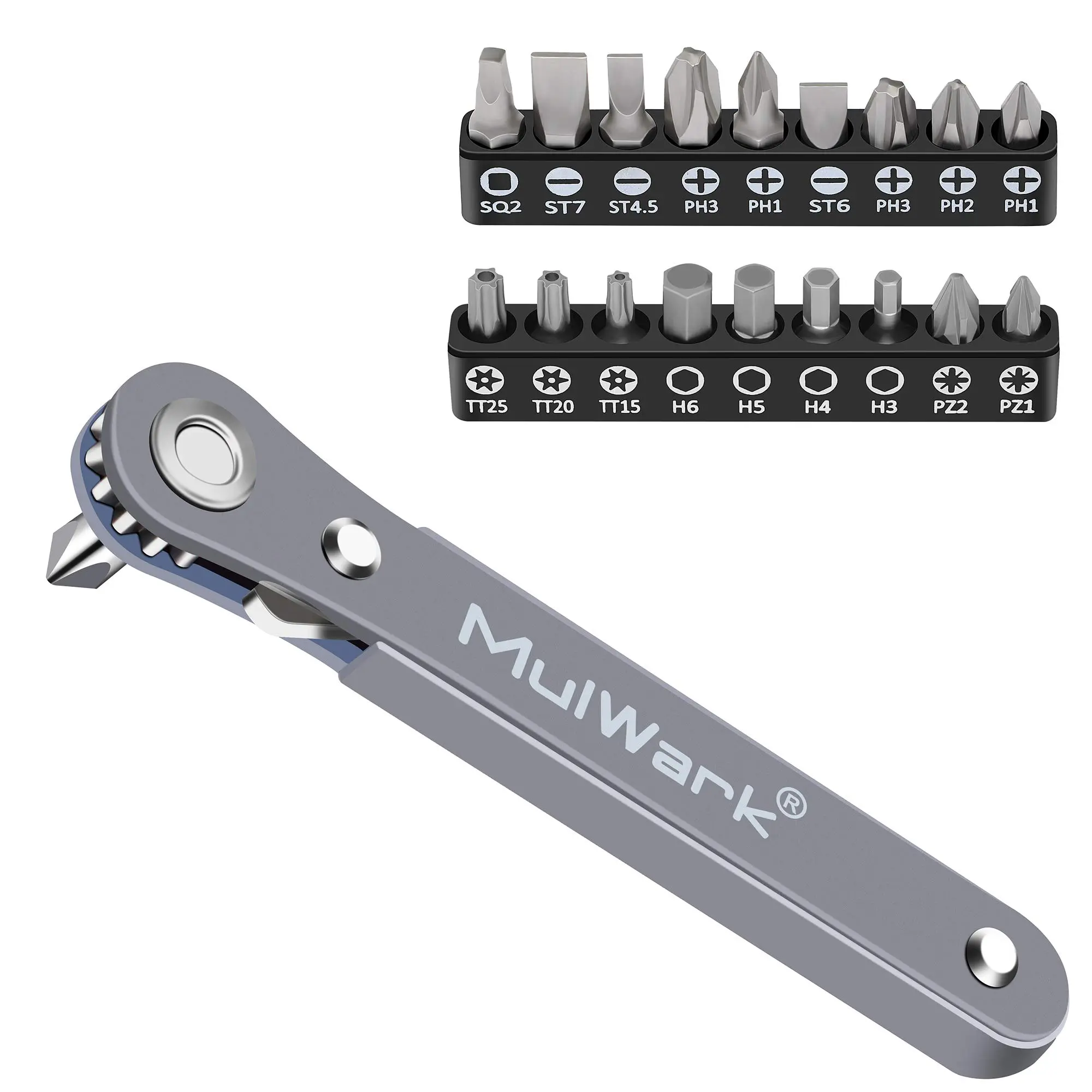 MulWark 20PC 1/4" Ultra Low Profile Mini Ratchet Wrench Set – High Torque Right Angle EDC Tool with 90° Reversible Drive Handle & Multi Hex Bits