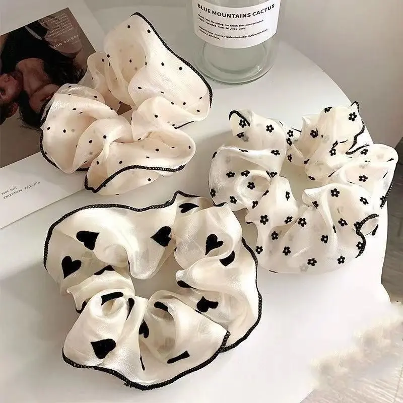 Sheer Organza Scrunchies for Women, Vintage Black Dot Heart Floral Print Large Hair Scrunchy, Elegant Black Trim Satin Hair Tie, Soft Lightweight Hair Accessory for Daily Party Bridal Hairstyle