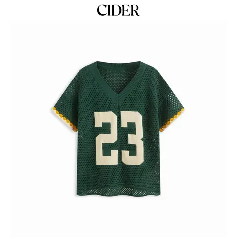 Cider Women's Chic Acrylic-Cotton Knitting V-Neck 23 Graphic Semi-Sheer Cutout Loose-Fitting Oversized Fit Casual Knitwear, Solid Top