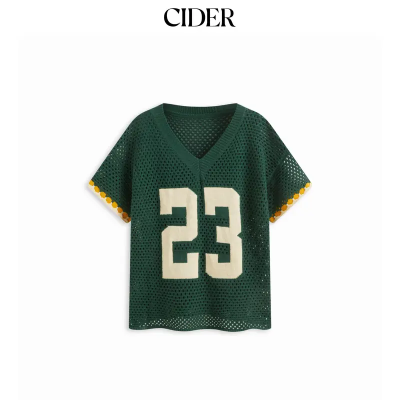 Cider Women's Chic Acrylic-Cotton Knitting V-Neck 23 Graphic Semi-Sheer Cutout Loose-Fitting Oversized Fit Casual Knitwear, Solid Top