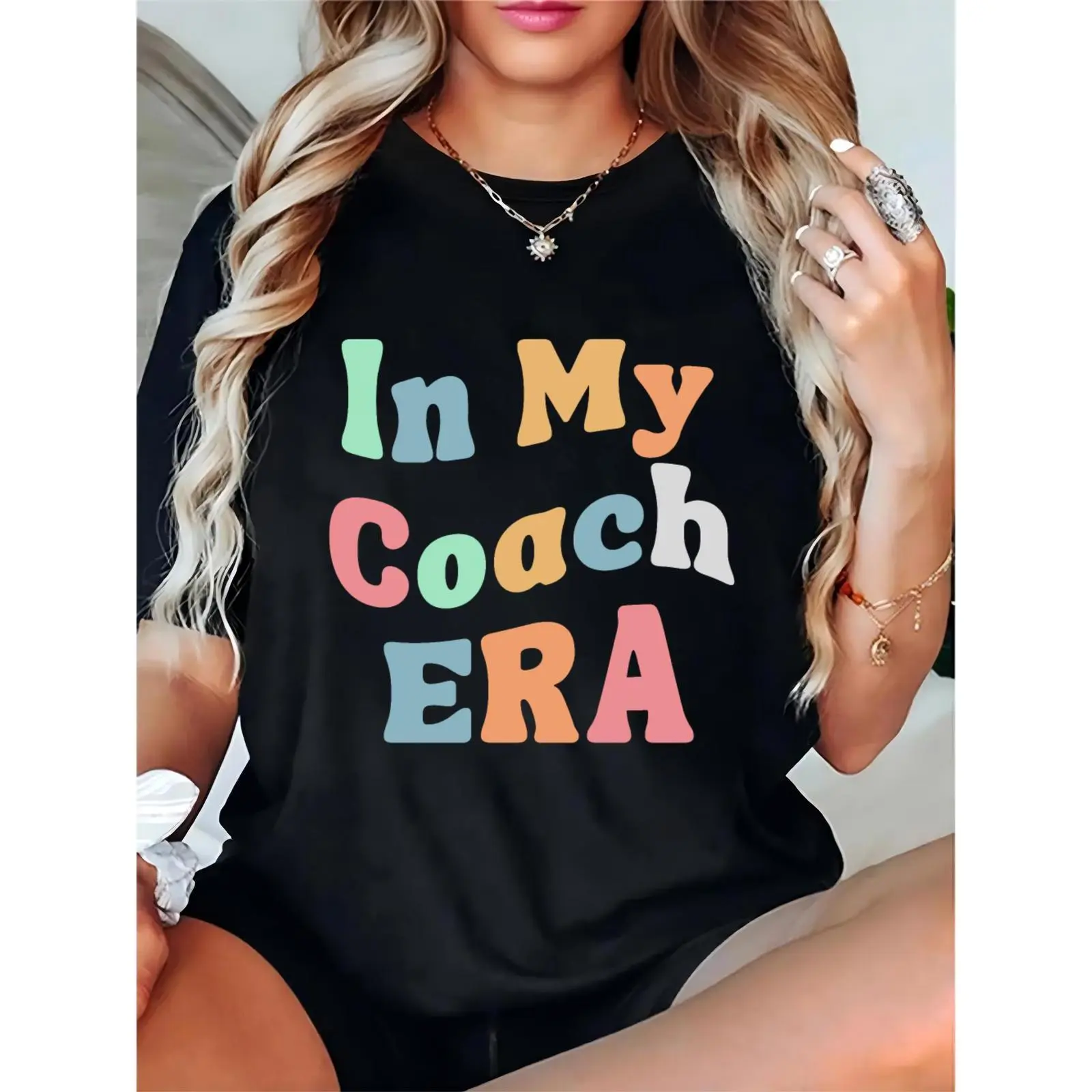 Women's "In My Coach ERA" Colorful Letter Print T - Shirt Casual Daily Sports Crew Neck Tee for Female Coaches & Fitness Enthusiasts