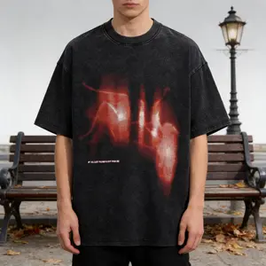 Vintage-Inspired Red Abstract Dyed Art Tee - Oversized Distressed Cotton Shirt for Men, Relaxed Fit Casual Streetwear Top