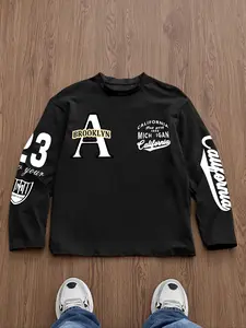 Unisex Round Neck Long Sleeve T-Shirt, Brooklyn Letter Print Design, Casual Fashion, Comfortable Fit, Suitable for Everyday Wear, Top