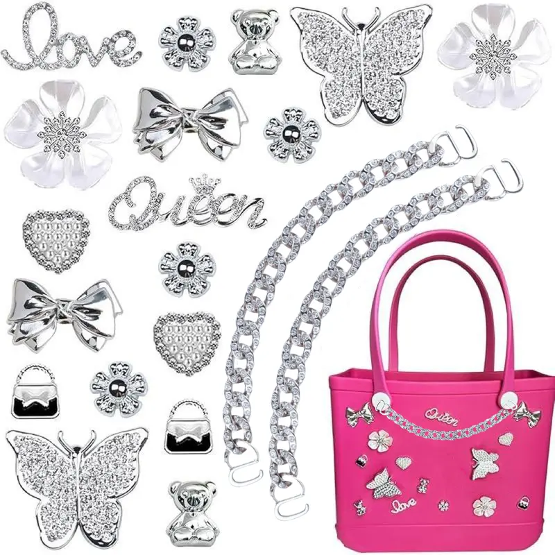 Shoe or Bag Charms for Bogg Bag or Shoes,Pearls,Butterfly Flowers and Chain for Shoe or Bogg Bag Accessories Charms for Women sandal decoration diy (20 pcs)