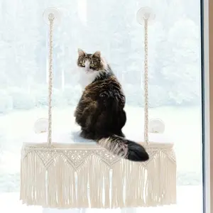 Macrame Cat Window Perch Boho Cat Hammock Wall Mounted Pet Resting Seat Bed for Indoor Cats Safety Space Saving Kitty Swing Shelf with Tassel Holds up to 45 lbs with Screw Suction Cups, Gift
