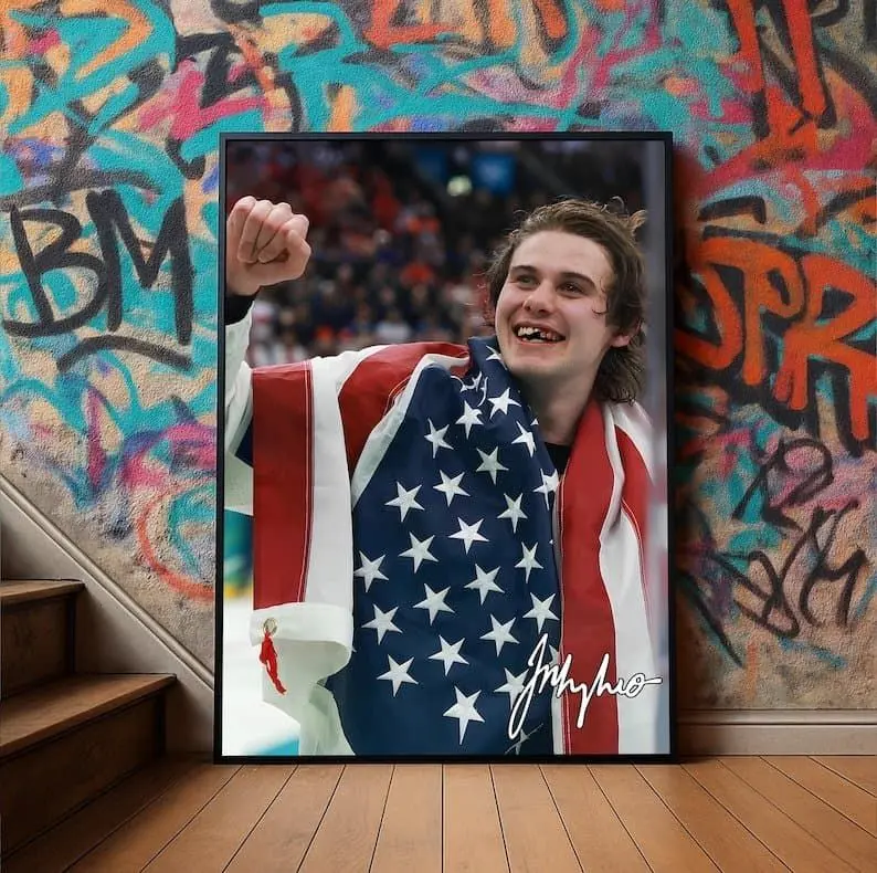 Jack Hughes Artistic Ice Hockey Golden Goal Paper Wall Art Print - Hockey Theme Graphic Prints, Vibrant Home Decor Poster for Living Room Decoration, Vibrant Print