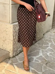 Brown Polka Dot Midi Skirt Women High Waist Satin Slip Skirt Elegant A Line Bodycon Skirt Vintage Chic Summer Casual Office Skirt Y2K Streetwear Flowy Knee Length Skirt Soft Lightweight Fashion Bottoms
