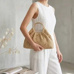 Women's Bead Decor Small Wristlet Bag Metal Top Handle Handbag Evening Clutch for Vacation and Holiday